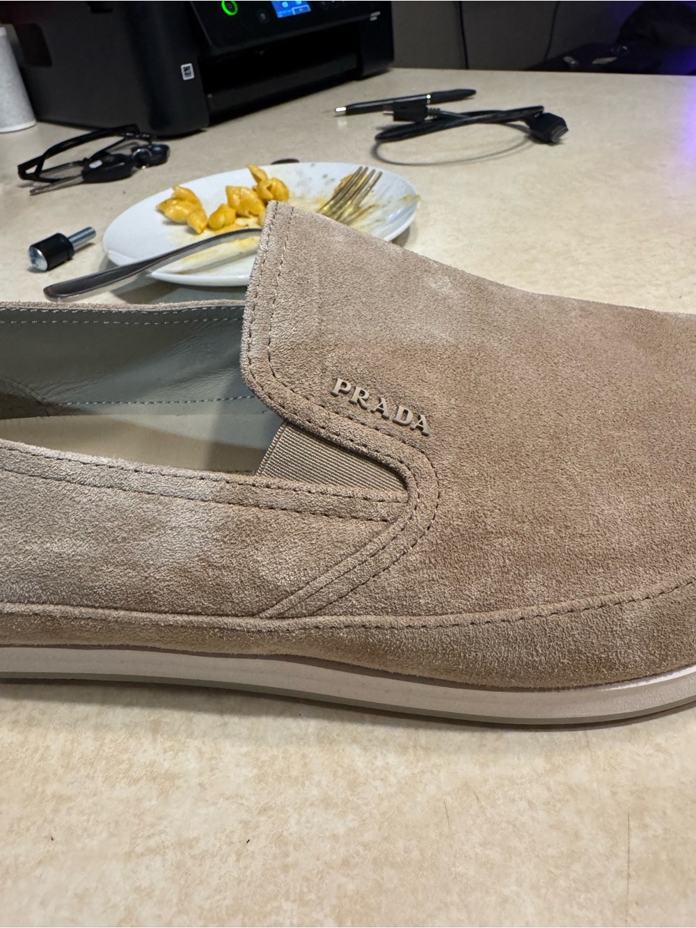 Prada Men's Taupe Suede Slip-Ons with Subtle Logo - Picture 2 of 4